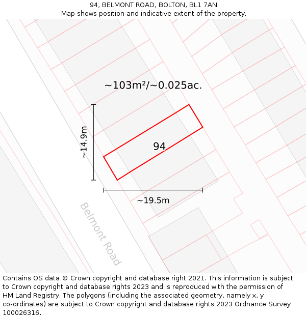 94, BELMONT ROAD, BOLTON, BL1 7AN: Plot and title map