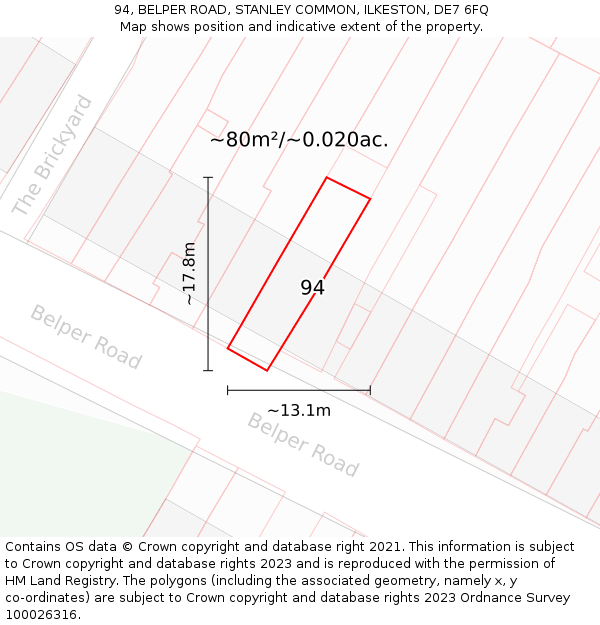 94, BELPER ROAD, STANLEY COMMON, ILKESTON, DE7 6FQ: Plot and title map