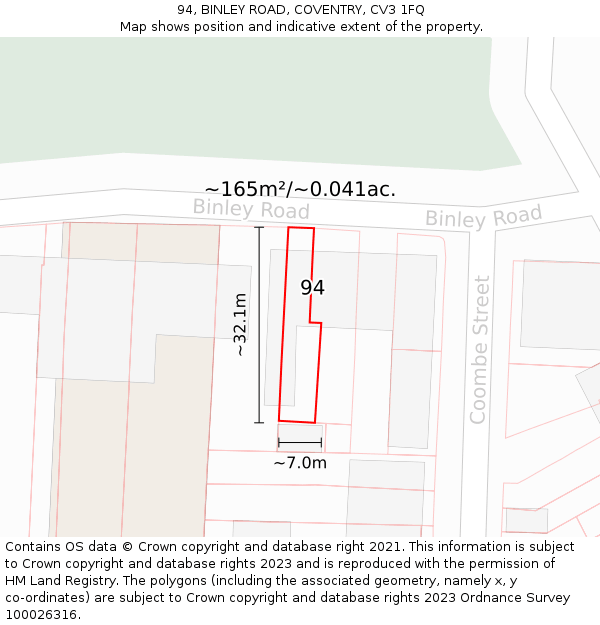 94, BINLEY ROAD, COVENTRY, CV3 1FQ: Plot and title map