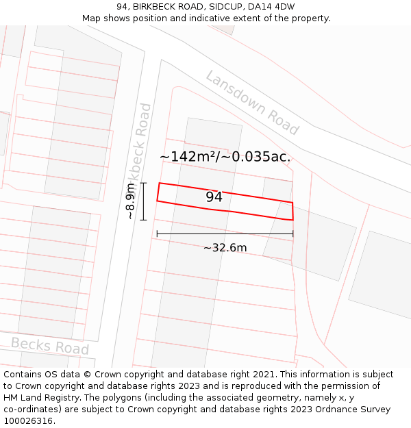 94, BIRKBECK ROAD, SIDCUP, DA14 4DW: Plot and title map