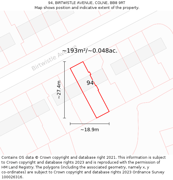 94, BIRTWISTLE AVENUE, COLNE, BB8 9RT: Plot and title map