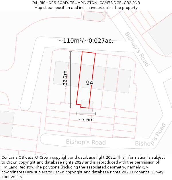 94, BISHOPS ROAD, TRUMPINGTON, CAMBRIDGE, CB2 9NR: Plot and title map