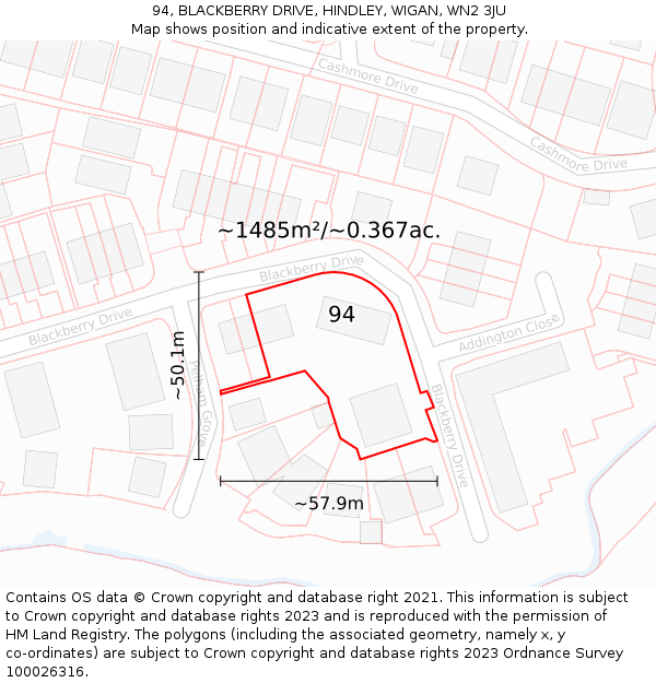 94, BLACKBERRY DRIVE, HINDLEY, WIGAN, WN2 3JU: Plot and title map