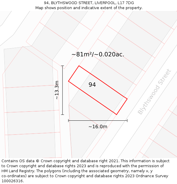 94, BLYTHSWOOD STREET, LIVERPOOL, L17 7DG: Plot and title map