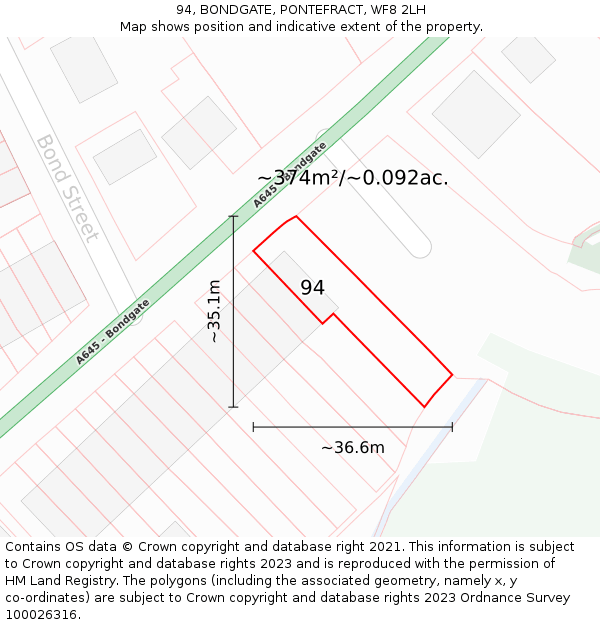 94, BONDGATE, PONTEFRACT, WF8 2LH: Plot and title map