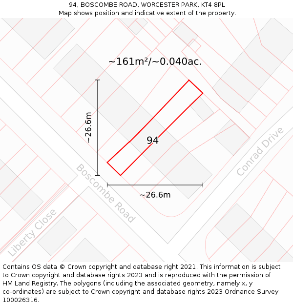 94, BOSCOMBE ROAD, WORCESTER PARK, KT4 8PL: Plot and title map