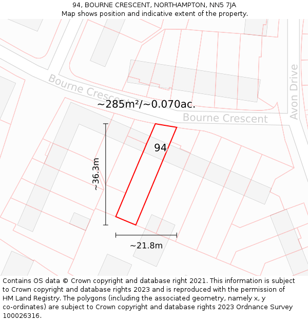 94, BOURNE CRESCENT, NORTHAMPTON, NN5 7JA: Plot and title map