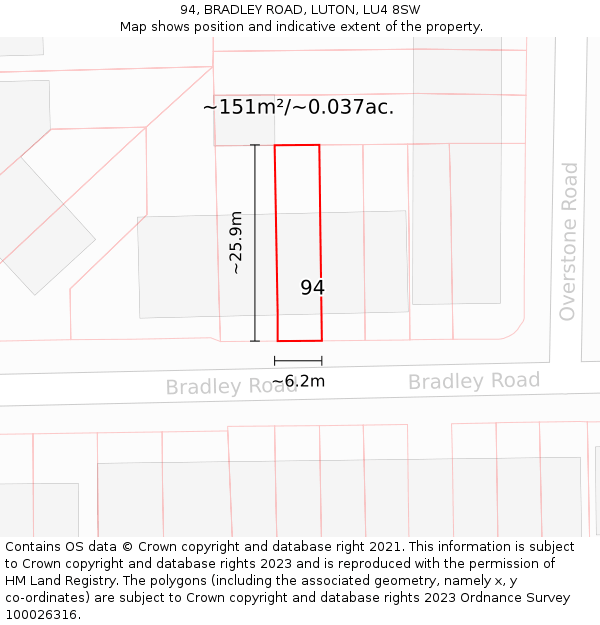 94, BRADLEY ROAD, LUTON, LU4 8SW: Plot and title map