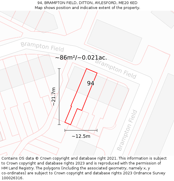 94, BRAMPTON FIELD, DITTON, AYLESFORD, ME20 6ED: Plot and title map