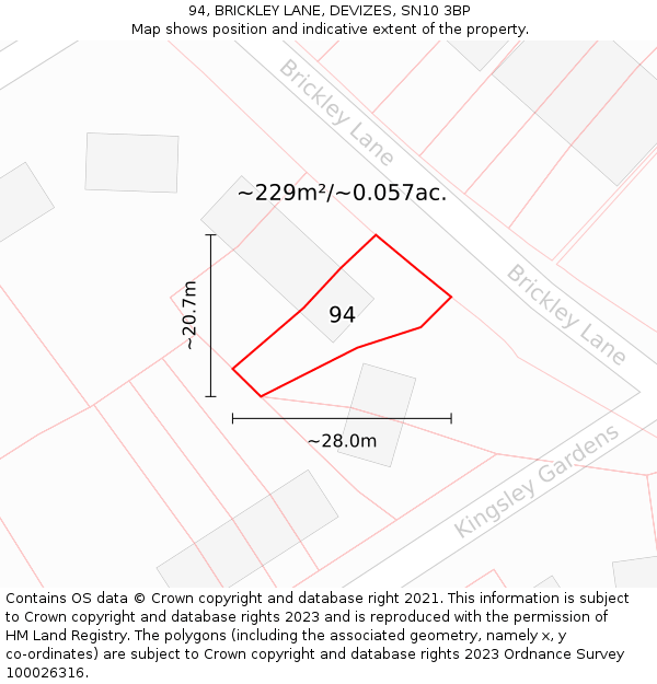 94, BRICKLEY LANE, DEVIZES, SN10 3BP: Plot and title map