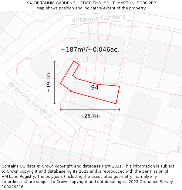 94, BRITANNIA GARDENS, HEDGE END, SOUTHAMPTON, SO30 2RP: Plot and title map