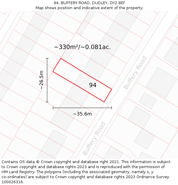 94, BUFFERY ROAD, DUDLEY, DY2 8EF: Plot and title map