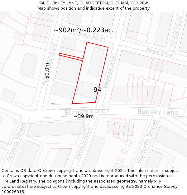 94, BURNLEY LANE, CHADDERTON, OLDHAM, OL1 2PW: Plot and title map