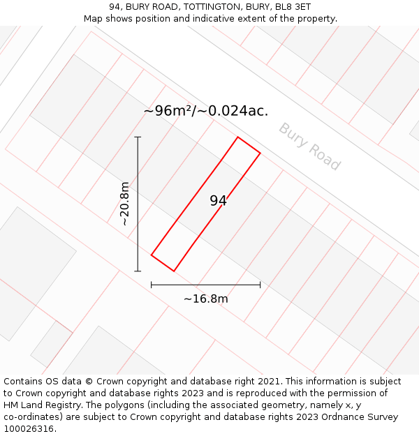 94, BURY ROAD, TOTTINGTON, BURY, BL8 3ET: Plot and title map