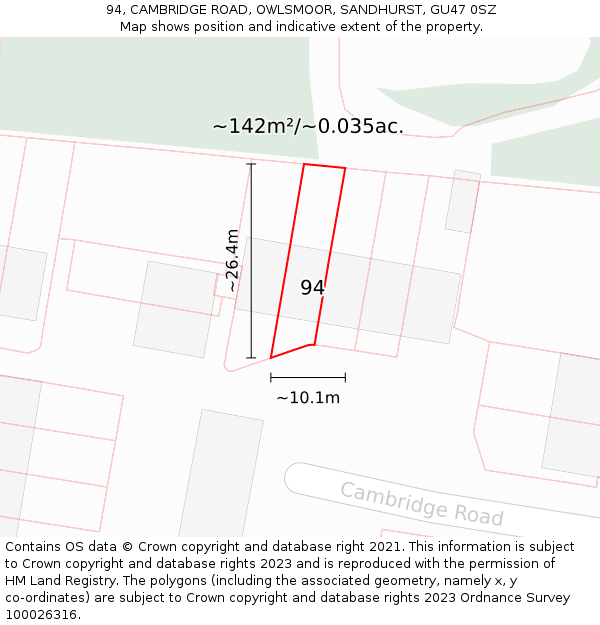 94, CAMBRIDGE ROAD, OWLSMOOR, SANDHURST, GU47 0SZ: Plot and title map
