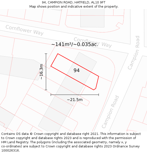 94, CAMPION ROAD, HATFIELD, AL10 9FT: Plot and title map