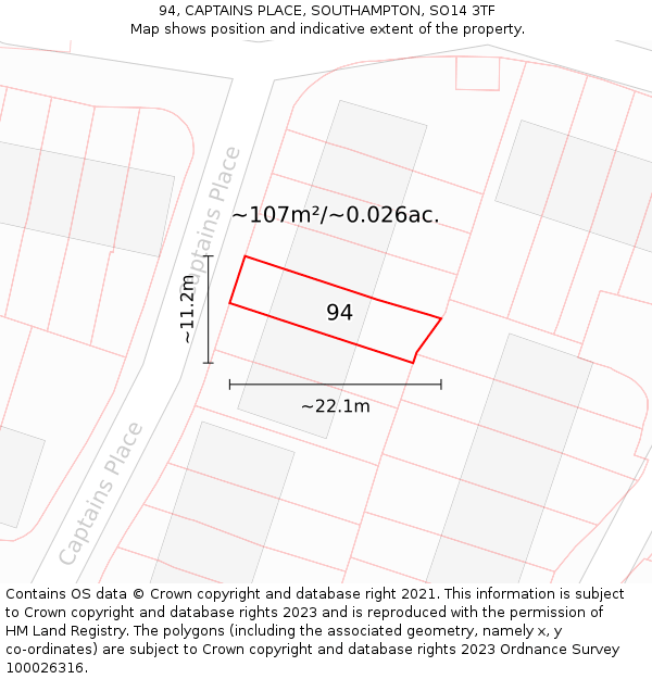 94, CAPTAINS PLACE, SOUTHAMPTON, SO14 3TF: Plot and title map