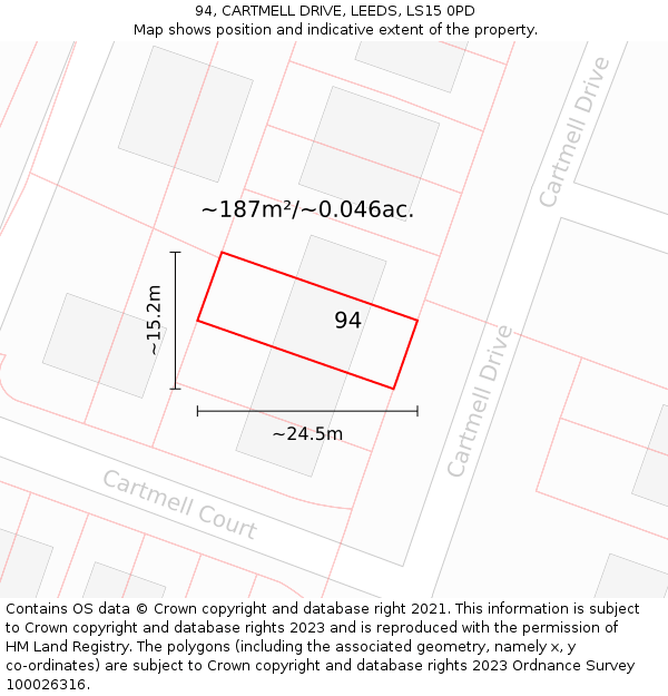 94, CARTMELL DRIVE, LEEDS, LS15 0PD: Plot and title map