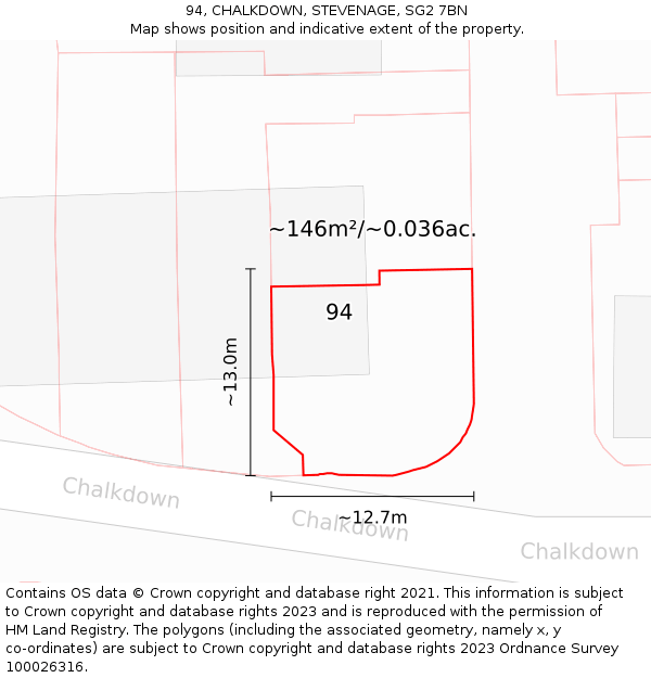 94, CHALKDOWN, STEVENAGE, SG2 7BN: Plot and title map