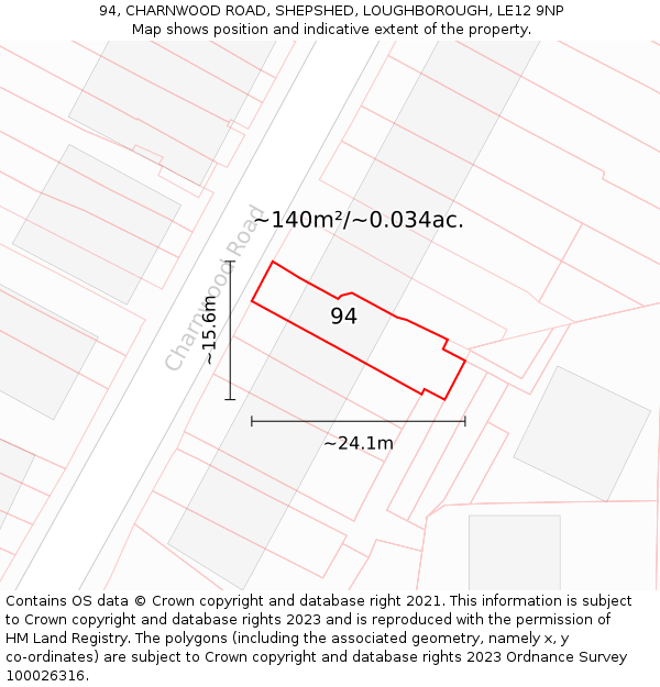 94, CHARNWOOD ROAD, SHEPSHED, LOUGHBOROUGH, LE12 9NP: Plot and title map