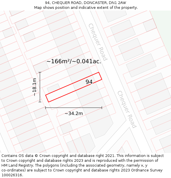 94, CHEQUER ROAD, DONCASTER, DN1 2AW: Plot and title map