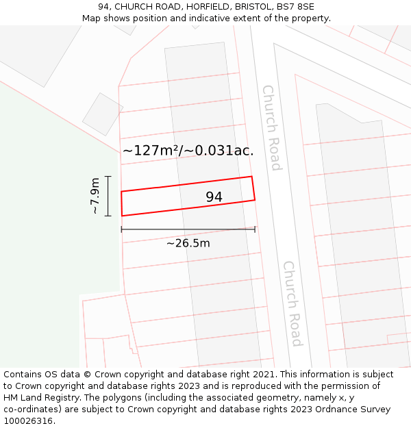 94, CHURCH ROAD, HORFIELD, BRISTOL, BS7 8SE: Plot and title map