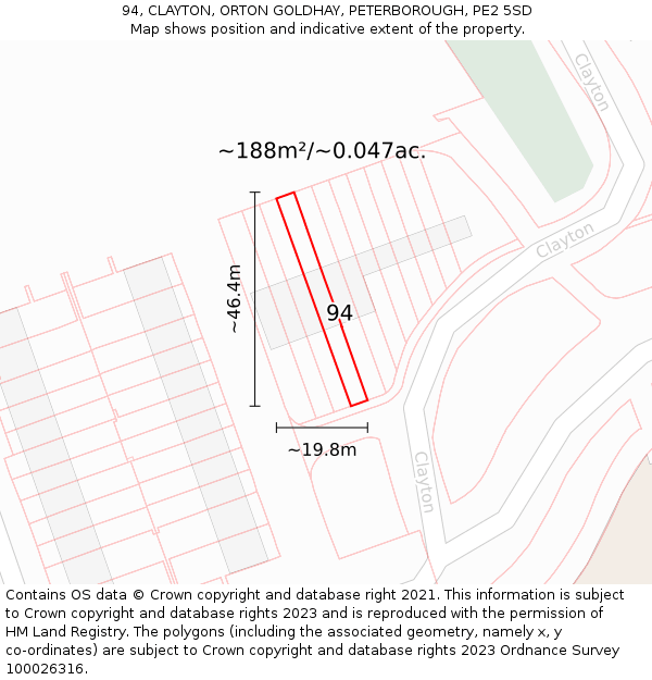 94, CLAYTON, ORTON GOLDHAY, PETERBOROUGH, PE2 5SD: Plot and title map