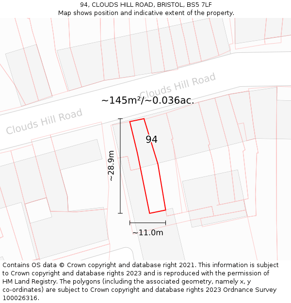 94, CLOUDS HILL ROAD, BRISTOL, BS5 7LF: Plot and title map