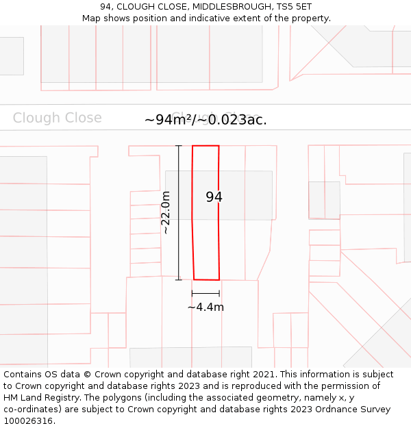94, CLOUGH CLOSE, MIDDLESBROUGH, TS5 5ET: Plot and title map