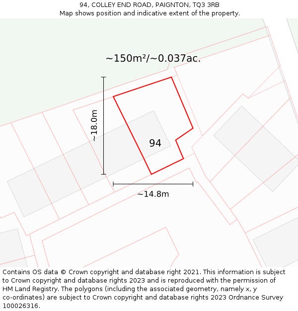 94, COLLEY END ROAD, PAIGNTON, TQ3 3RB: Plot and title map