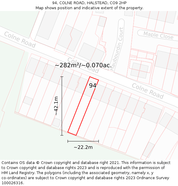 94, COLNE ROAD, HALSTEAD, CO9 2HP: Plot and title map