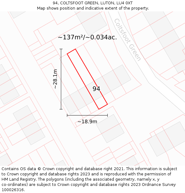 94, COLTSFOOT GREEN, LUTON, LU4 0XT: Plot and title map