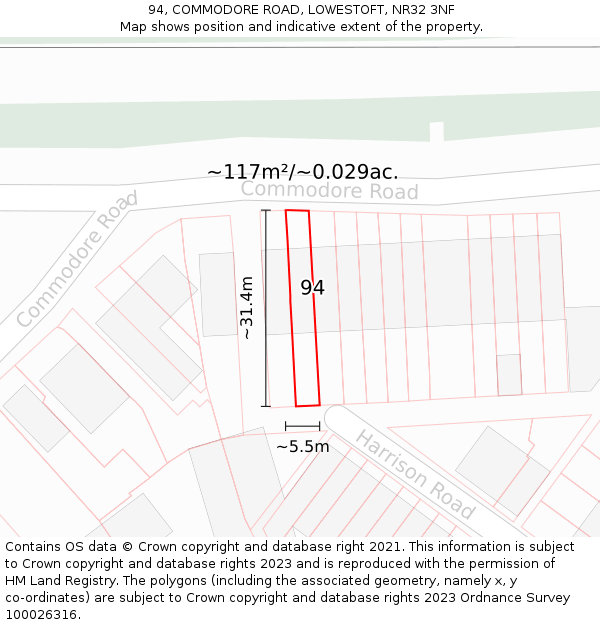 94, COMMODORE ROAD, LOWESTOFT, NR32 3NF: Plot and title map