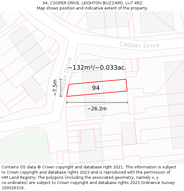 94, COOPER DRIVE, LEIGHTON BUZZARD, LU7 4RZ: Plot and title map