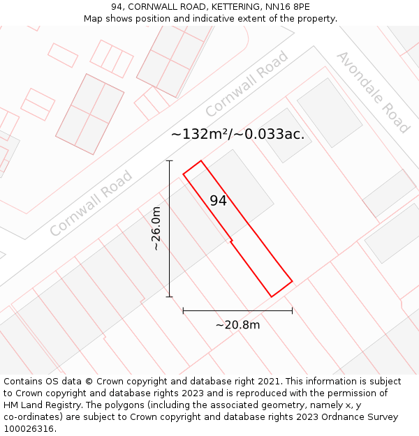 94, CORNWALL ROAD, KETTERING, NN16 8PE: Plot and title map