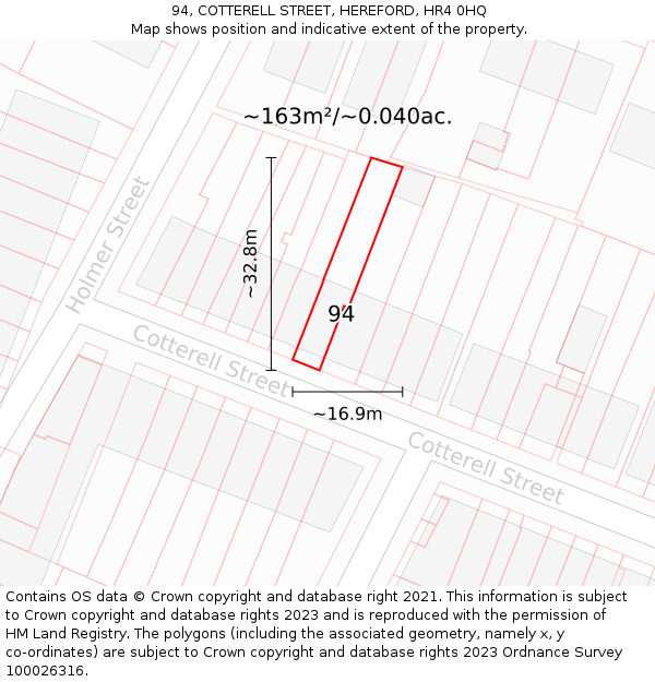 94, COTTERELL STREET, HEREFORD, HR4 0HQ: Plot and title map