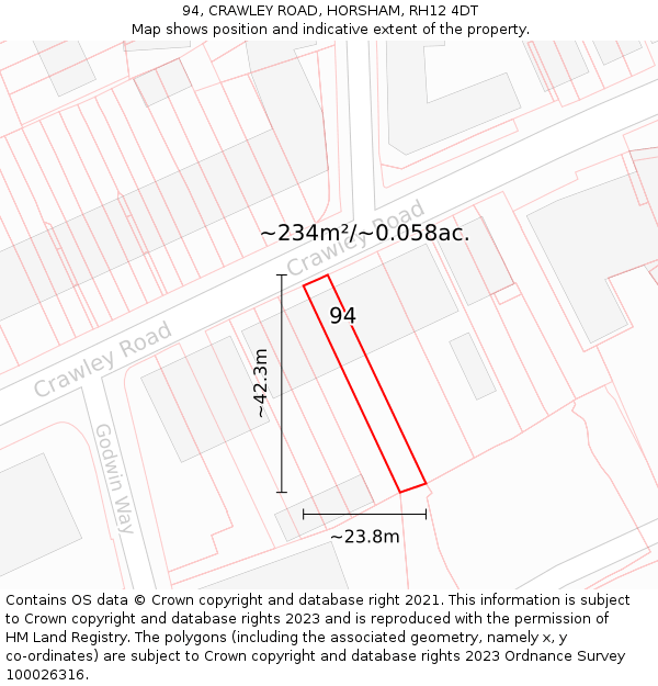 94, CRAWLEY ROAD, HORSHAM, RH12 4DT: Plot and title map
