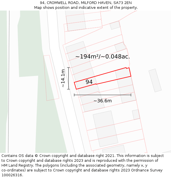 94, CROMWELL ROAD, MILFORD HAVEN, SA73 2EN: Plot and title map