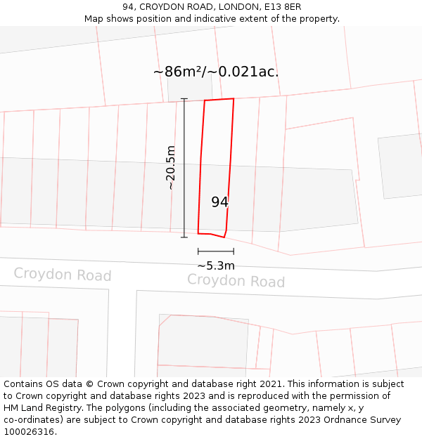 94, CROYDON ROAD, LONDON, E13 8ER: Plot and title map