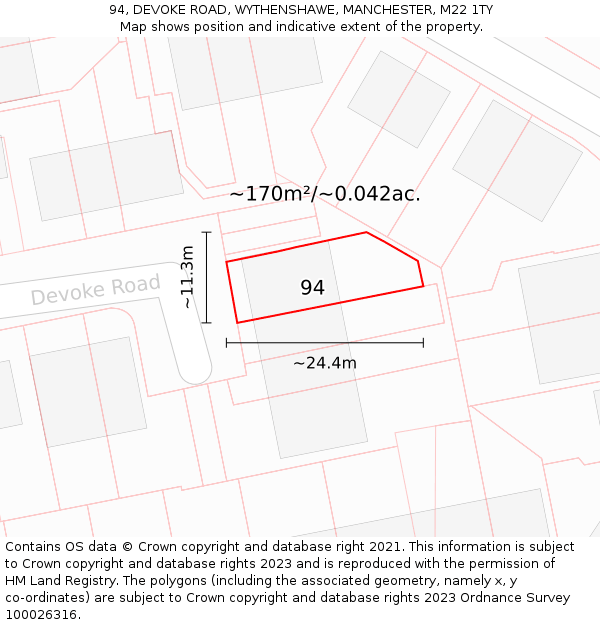 94, DEVOKE ROAD, WYTHENSHAWE, MANCHESTER, M22 1TY: Plot and title map
