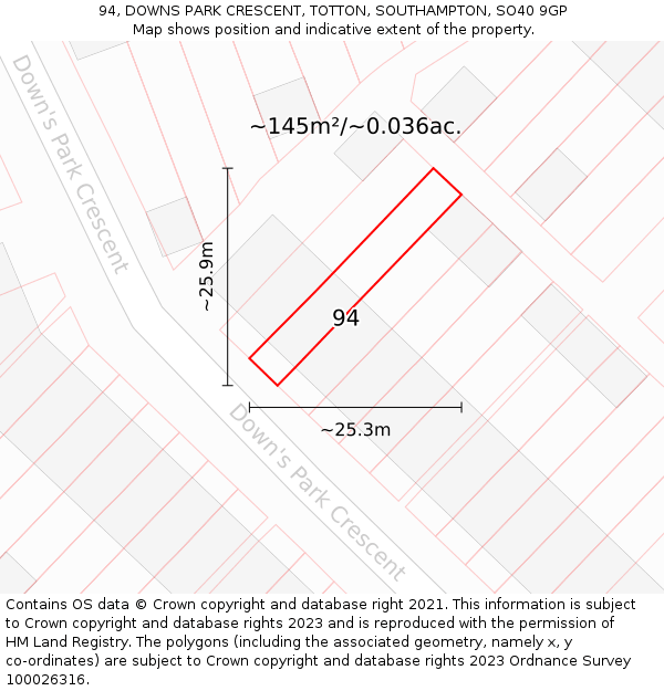 94, DOWNS PARK CRESCENT, TOTTON, SOUTHAMPTON, SO40 9GP: Plot and title map