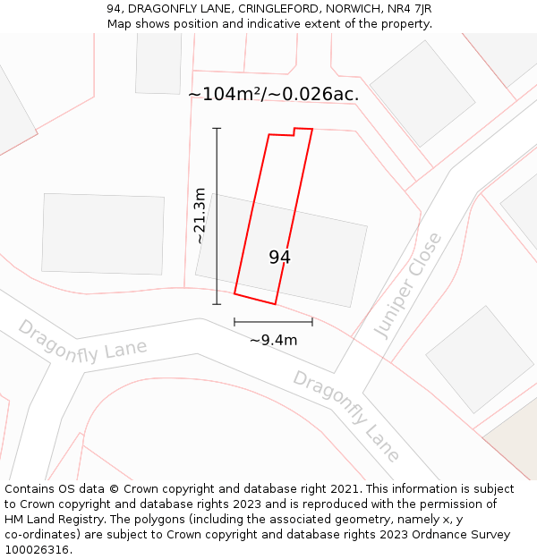 94, DRAGONFLY LANE, CRINGLEFORD, NORWICH, NR4 7JR: Plot and title map
