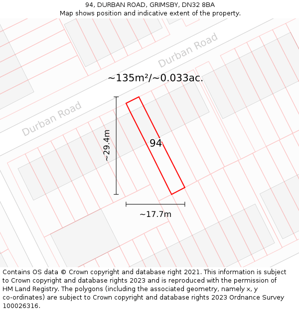 94, DURBAN ROAD, GRIMSBY, DN32 8BA: Plot and title map
