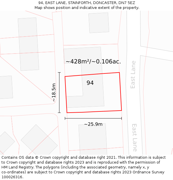 94, EAST LANE, STAINFORTH, DONCASTER, DN7 5EZ: Plot and title map