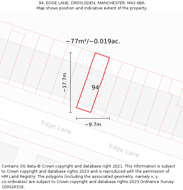 94, EDGE LANE, DROYLSDEN, MANCHESTER, M43 6BA: Plot and title map