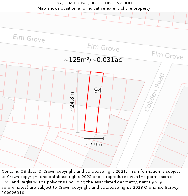 94, ELM GROVE, BRIGHTON, BN2 3DD: Plot and title map