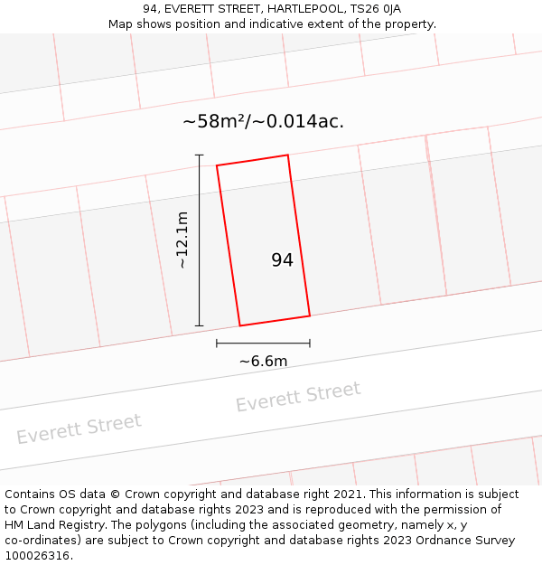94, EVERETT STREET, HARTLEPOOL, TS26 0JA: Plot and title map