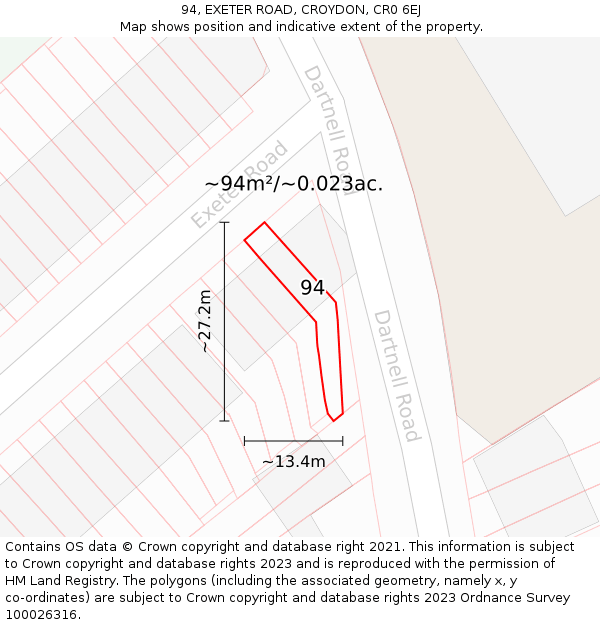 94, EXETER ROAD, CROYDON, CR0 6EJ: Plot and title map