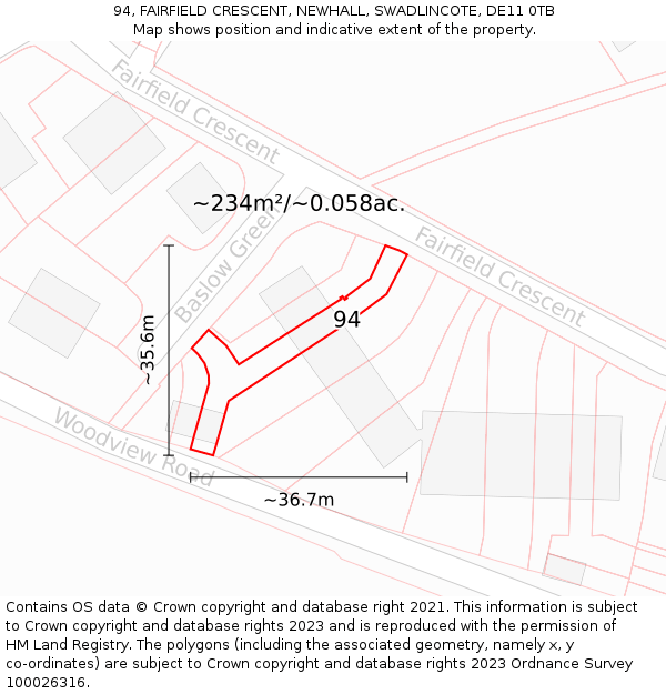 94, FAIRFIELD CRESCENT, NEWHALL, SWADLINCOTE, DE11 0TB: Plot and title map