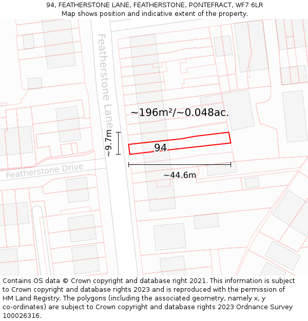 94, FEATHERSTONE LANE, FEATHERSTONE, PONTEFRACT, WF7 6LR: Plot and title map
